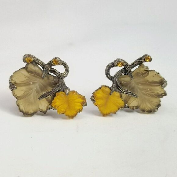 Vintage Judy Lee Fall Leaves Rhinestone Clip On Earrings, Yellow Brown, Estate - Picture 1 of 7